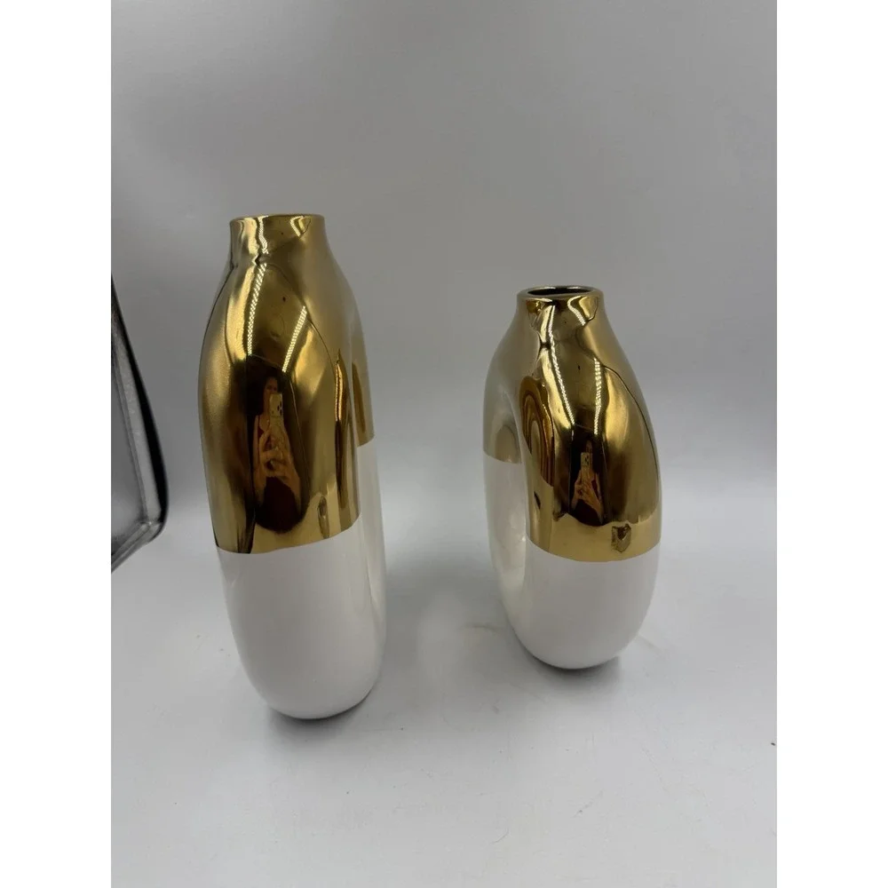NIB White & Gold Ceramic Vase Set of 2 Round Donut Hollow Flower Vases for Home